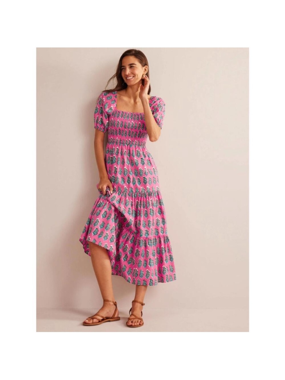 Boden Pink Printed Smocked Midi Dress with Puff Sleeves